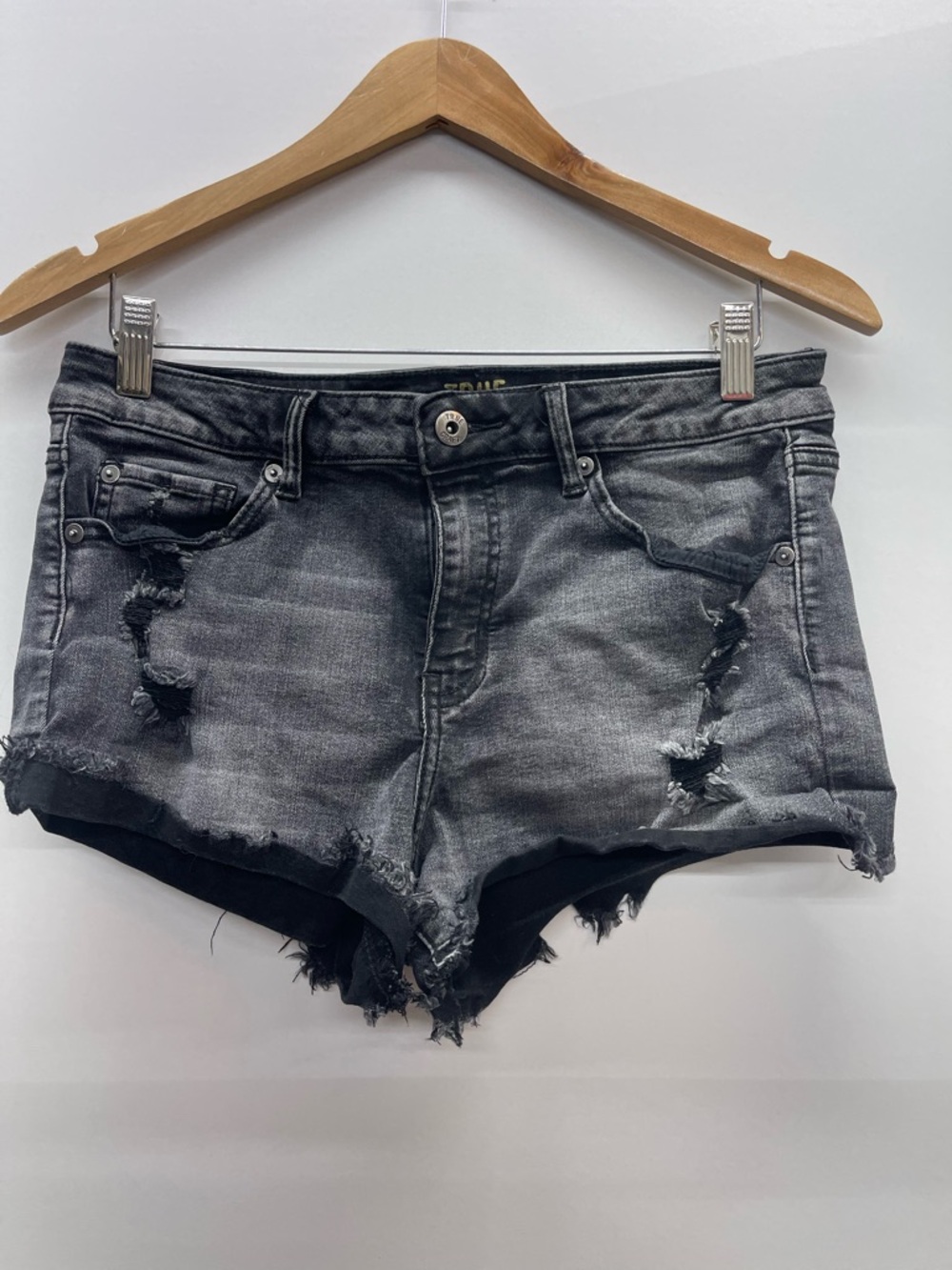 True Craft Distressed Black and Gray Denim Jean Shorts